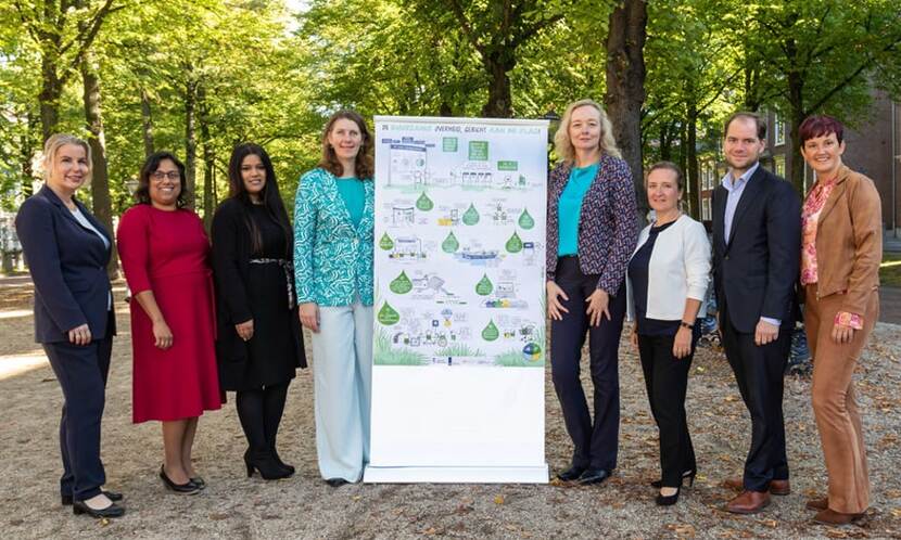 Medewerkers van de initiatiefnemende partijen poseren met een groot formaat van de praatplaat duurzaamheid in de publieke sector. De groep staat buiten aan het Lange Voorhout in Den Haag.